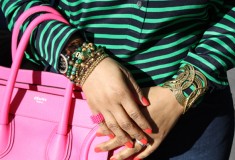 My style: Pops of pink (J. Crew striped popover blouse + Hudson jeans + Celine Leather Luggage Tote in neon pink)
