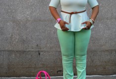 My style: Mint + pink (H&M peplum top + BDG jeans + fluro pink Celine Luggage Tote)