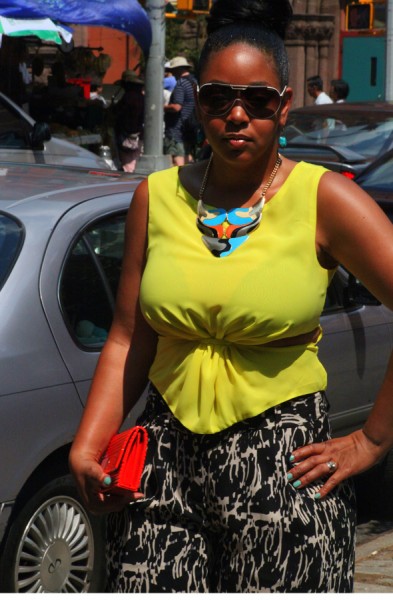 My style: Sway Chic - Neon yellow cutout blouse & Kabuki necklace + Kenneth Cole Palazzo pants + Bottega Veneta sandals