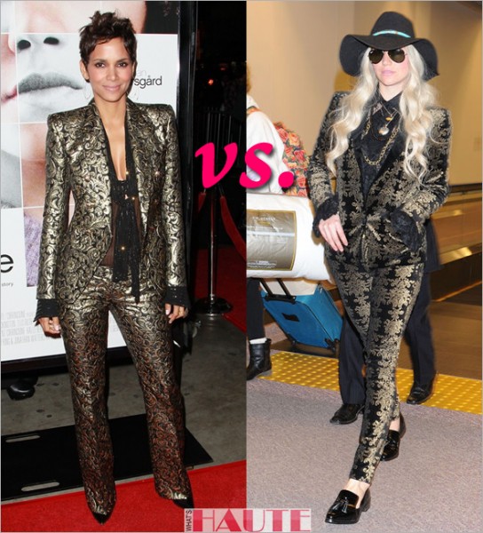 Who rocked it hotter - Halle Berry or Ke$ha in similar gold and black brocade print suits by Balmain & 7 For All Mankind