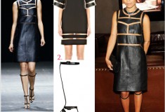 Get her haute look: Zoe Kravitz in Alexander Wang’s Onyx Crewneck Dress, Tri-Fold Clutch & Aline High T-Strap Sandals