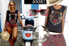 Get her haute look: Beyonce wearing Lovers + Friends Wildcat tee & Topshop Moto red leopard shorts