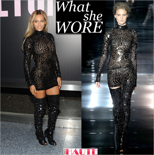 What She Wore: Beyonce in Tom Ford Spring/Summer 2014 black mosaic mini dress and matching thigh high boots