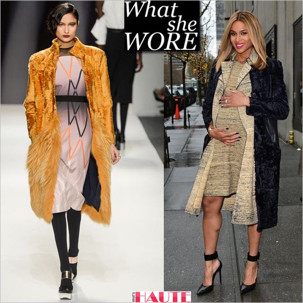 What She Wore: Ciara in Bibhu Mohapatra midnight navy suede coat, Saint Laurent cape dress and Saint Laurent Point Toe Ankle Strap Pumps