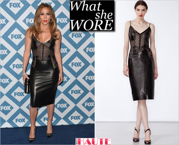What She Wore: Jennifer Lopez in Ermanno Scervino leather and lace Spring/Summer 2014 dress & Jimmy Choo Sparkler Point-Toe Studded Pumps in black