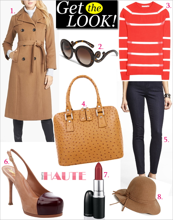 Get the look: Ellen Tracy Wool Blend Trench Coat, Prada Baroque 55mm Round Sunglasses, Jason Wu Mesh-Panelled Merino Wool Sweater, Express High-Rise ankle jean legging, Basta Milano Cognac - Embossed bag, Saint Laurent Classic Tribute Two slingback pump, M·A·C Lipstick in 'Chili', Nordstrom Felt Hat, Street style