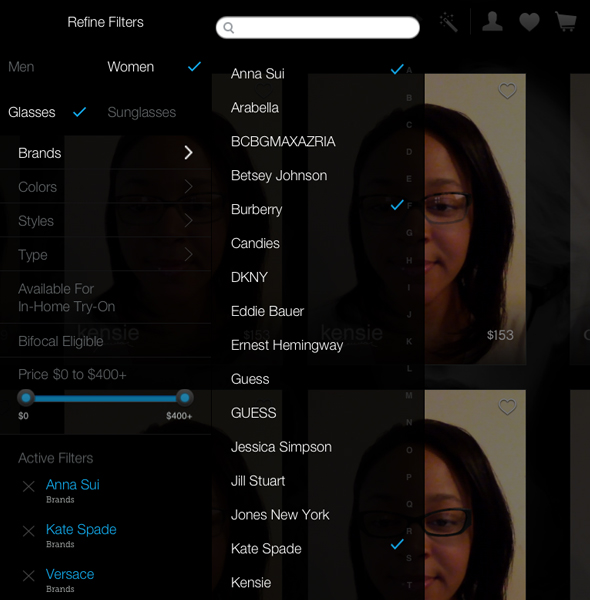 Glasses.com virtual try-on app: Applying filters
