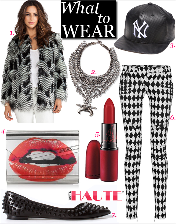 What to Wear to New York Fashion Week / 3 Outfits to Wear to New York Fashion Week - BSABLE Chelsea Long Sleeve Faux Fur Jacket, BALMAIN Harlequin-print motocross-style skinny jeans, Zara Leather Ballerina Flats With Studs, New York Yankees Perforated Faux Leather Snapback Hat (Drjays.Com Exclusive// Limited Edition), M·A·C 'Viva Glam Rihanna' Lipstick, Dylanlex Bowie Necklace, Jimmy Choo Candy Flame and Silver Lip Print Acrylic Clutch, Outfit ideas and inspiration