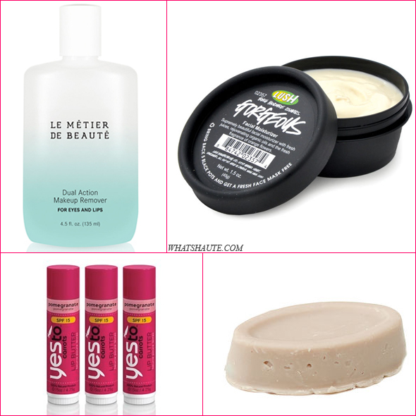 4 Winter beauty products to re-hydrate your skin! Lush Gorgeous Moisturizer, Lush Full of Grace solid moisturizing serum, Yes to Carrots Pomegranate Lip Butter, Le Metier de Beaute Dual-Action Makeup Remover