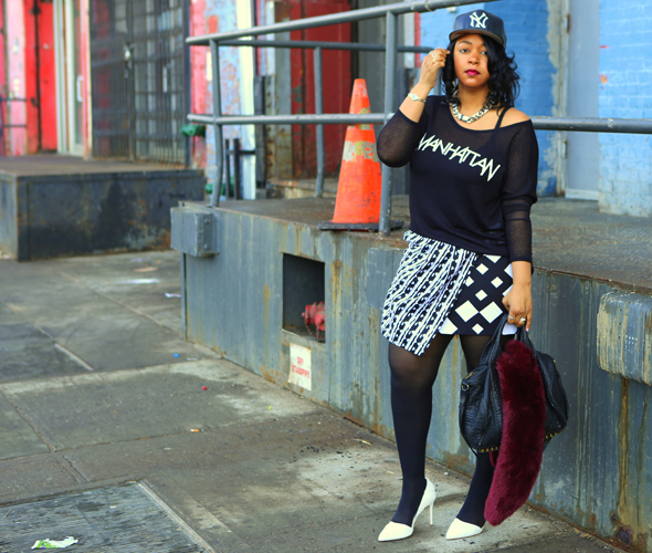 My style: H&M Manhattan shirt, Peter Pilotto for Target print skirt, Alexander Wang Rocco studded duffel bag, Hanes tights, French Connection 'Ellis' Studded Nubuck d'Orsay Pump Winter White, American Needle New York Yankees perforated faux leather snapback hat