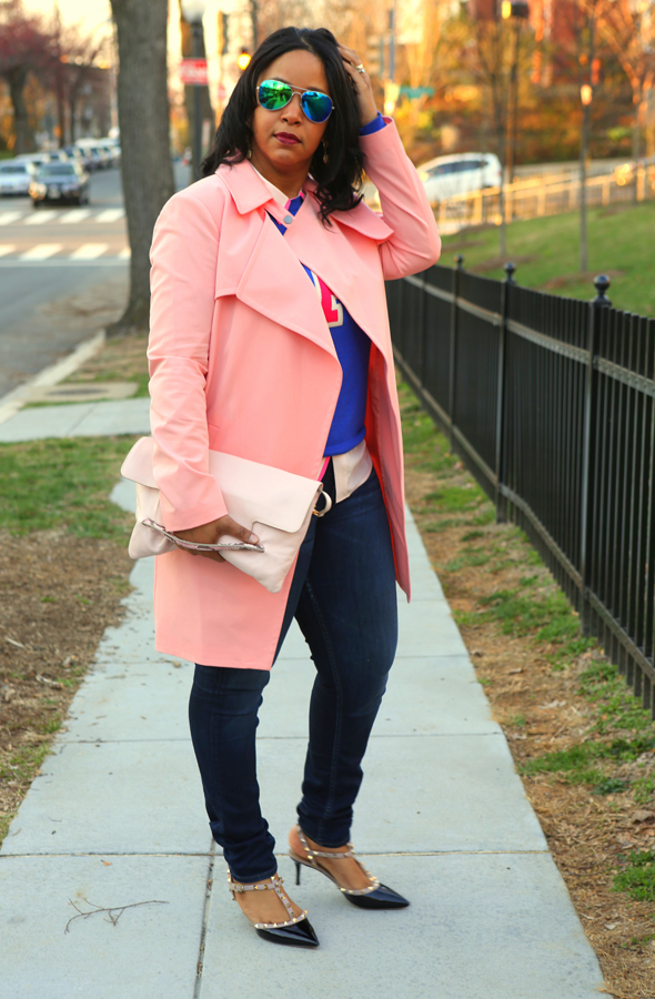 My Style: Varsity blues and pinks - Mural Open Front pink Trench Coat | Halogen® 'Letterman' Sweater in blue | J.Crew pink Silk blouse | Hudson Jeans (c/o) | Forever 21 Mirrored Aviators | Iacucci Clutch (c/o TJ Maxx) | Valentino 'Rockstud' Pump