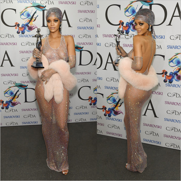 Rihanna hits the red carpet in a nude mesh dress - 2014 CFDA Fashion Awards - Fashion Icon of the Year