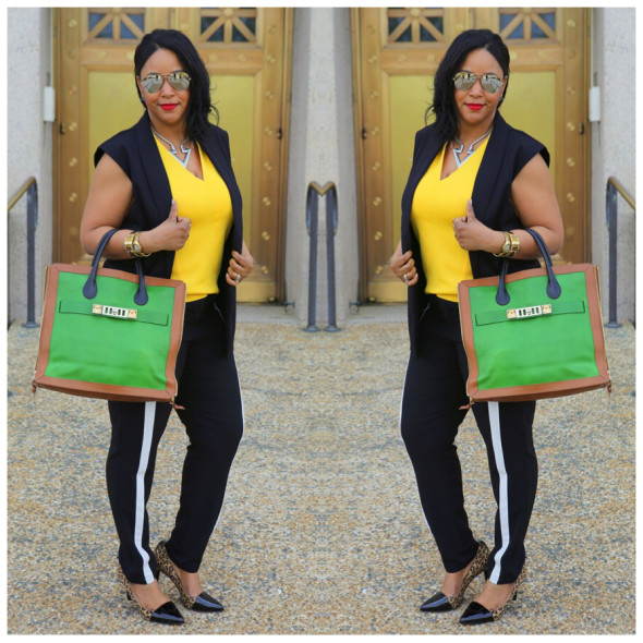 My Style: Kill Bill - AQUASWISS Unisex James Mirrored Aviators | H&M Sleeveless Tuxedo Vest | Zara V-Neck Top | Forever 21 silver Arrow Necklace | ASOS Tuxedo Stripe Track Pants | Audrey Brooke Leopard and Patent Cap Toe Pumps | Proenza Schouler PS11 Tote in green, camel and black