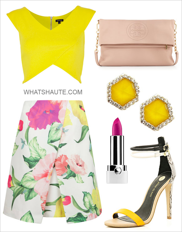 Summer Outfit Inspiration: River Island Yellow Wrap Front Crop Top, Tory Burch Bombe Fold-Over Crossbody Clutch Bag, Pink, Women's Fashion Button Earrings - Silver/Yellow, Ted Baker London Isabeli Flowers At High Tea Skirt, Cream, MARC JACOBS BEAUTY Lovemarc - Matte Lip Gel, River Island Beige Contrast Strap Barely There Sandals