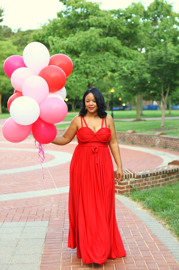 My Style: Thirty-something forever - What I'm Wearing: Opulence England Braid-embellished red satin-jersey dress | French Connection Katrin sandals | Rue Gembon Jade Trio - birthday balloon pics