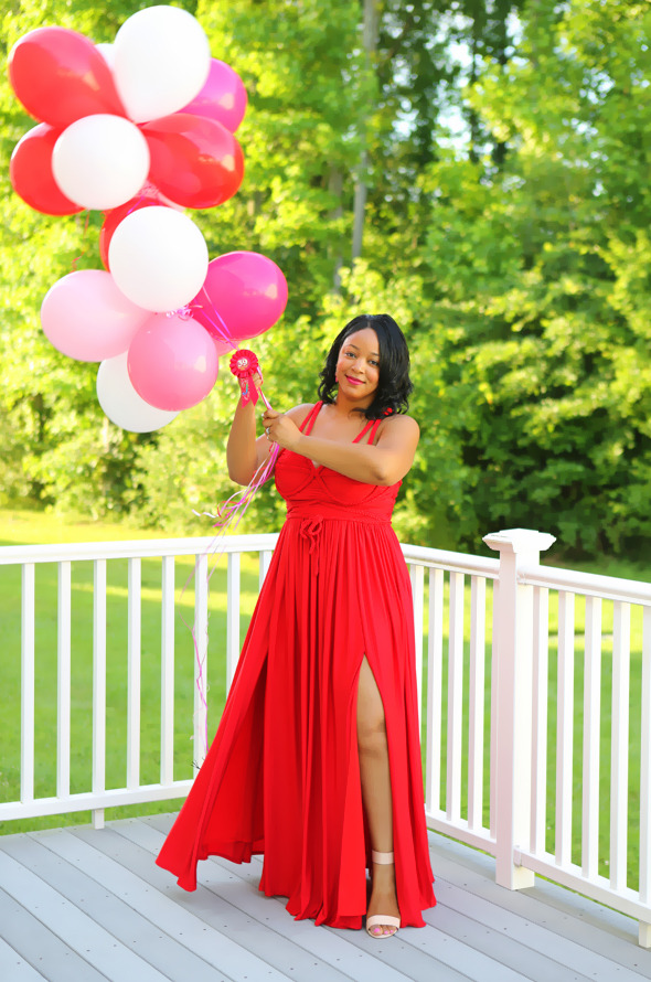 My Style: Thirty-something forever - What I'm Wearing: Opulence England Braid-embellished red satin-jersey dress | French Connection Katrin sandals | Rue Gembon Jade Trio - birthday balloon pics