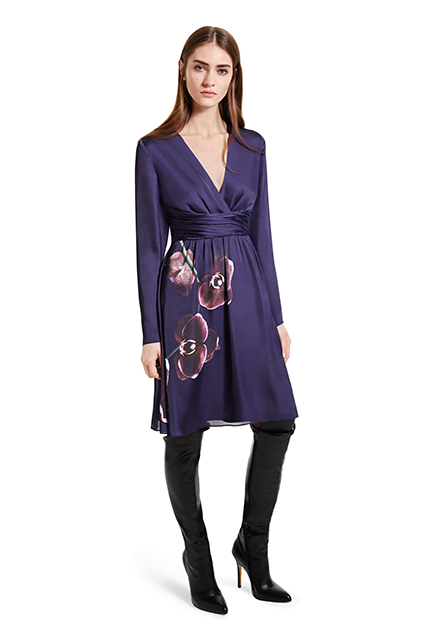 WRAP DRESS IN PURPLE ORCHID PRINT, $49.99; OVER-THE-KNEE BOOT IN BLACK, $79.99