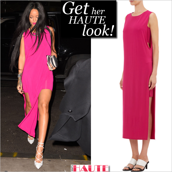 Rihanna pops in hot pink Helmut Lang! Rihanna in hot pink Helmut Lang, Balmain Black & White Striped Leather Medallion Bifold Clutch and Christian Louboutin Impera Lace-Up pumps