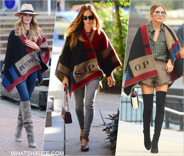 Sarah Jessica Parker, Rosie Huntington-Whiteley and Olivia Palermo in Burberry Prorsum Check Blanket Poncho