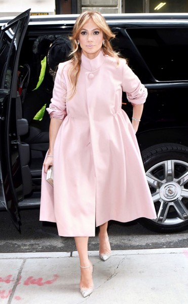 Jennifer Lopez in a blush wool coat from REEM ACRA Fall 2014 collection