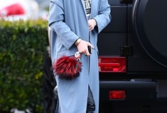 Kylie Jenner ASOS in a pastel blue duster coat