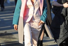 Solange in a pastel multicolor coat