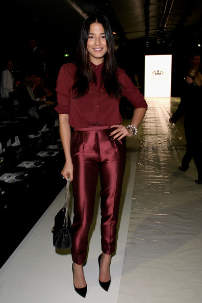 Jessica Gomes wine colored shirt and pants