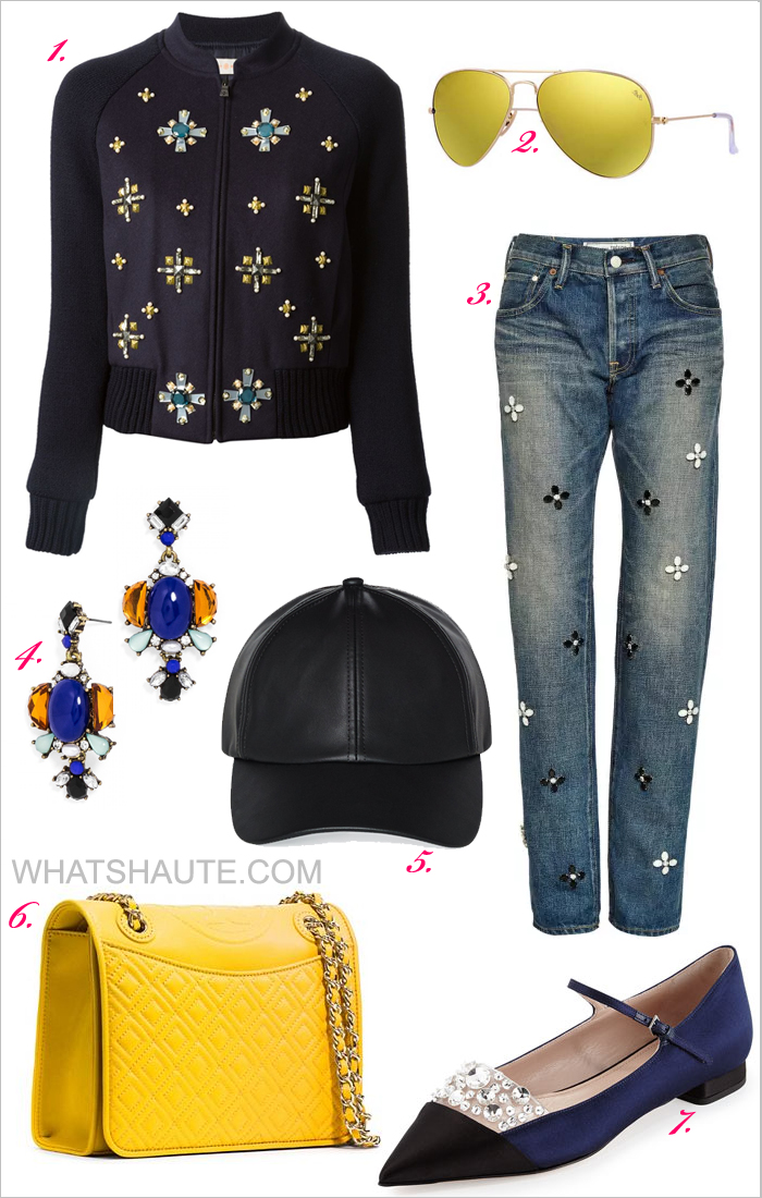 Outfit Inspiration - What to Wear This Weekend: Borrowed from the Boys - Tory Burch gem embellished bomber jacket, Tu es mon Tresor Crystal-Embellished Jeans, Wilfred Free Decker Hat, Aritzia, Ray-Ban RB3025 Aviator Flash Lenses 58 mm Sunglasses in Yellow Flash/Gold, Tory Burch Fleming Patent Medium Bag, Miu Miu Jewel-Embellished Satin Ballerina Flat, Baublebar Cobalt Constantinople Drops