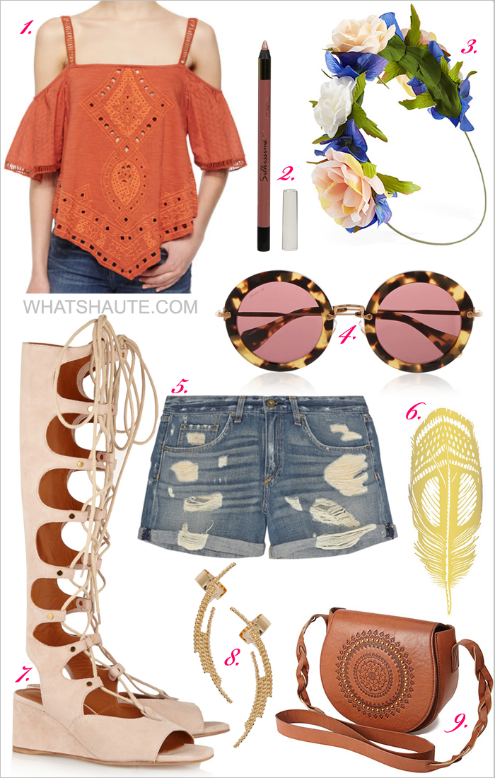 What to Wear to a Music Festival this Weekend - Coachella edition - Free People Slub Cutwork Square Neck Top, L'Oreal Paris Infallible Silkissime Silky Pencil Eyeliner, Highlighter, Rose Flower Crown, Miu Miu Round-frame acetate sunglasses, Rag & Bone The Boyfriend distressed low-rise denim shorts, Tattly Metallic Feather Temporary Tattoos, Chloé gladiator sandals, Baublebar Mira Metallic Ear Cuffs, Embossed Faux Leather Crossbody