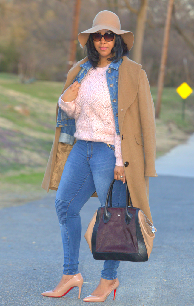 How to Wear Spring Neutrals - What I'm Wearing: Camel Floppy Hat, Camel Coat, Kensie Denim Jacket, Pink H&M Knit Sweater, Target Mossimo Moto Jeans, Nude Christian Louboutin Pigalle 85 Pumps, Pour la Victoire Bordeaux Calf Hair Tote, Isaac Mizrahi New York 50mm Sunglasses