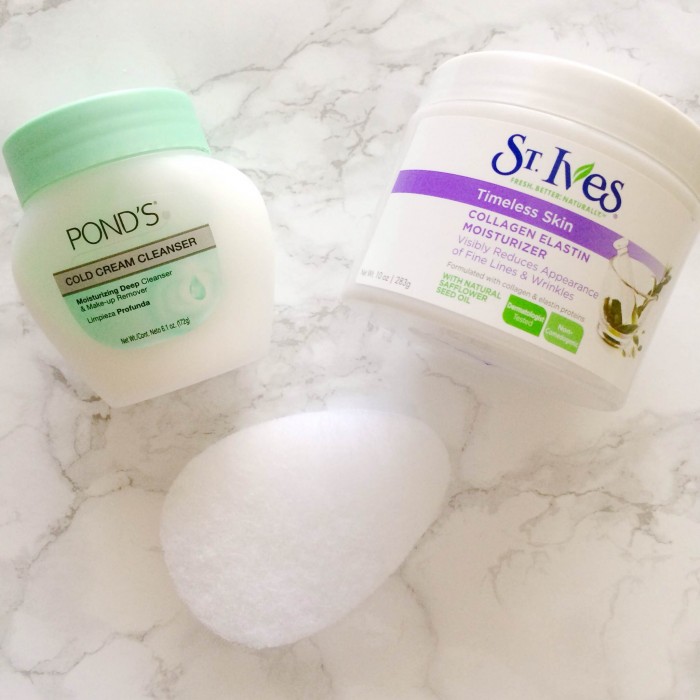 My Go-To Drugstore Skin Care Products to Combat Breakouts: Pond's Cold Cream Cleanser, Timeless Skin Collagen Elastin Facial Moisturizer, Exfoliating Facial Sponge; beauty