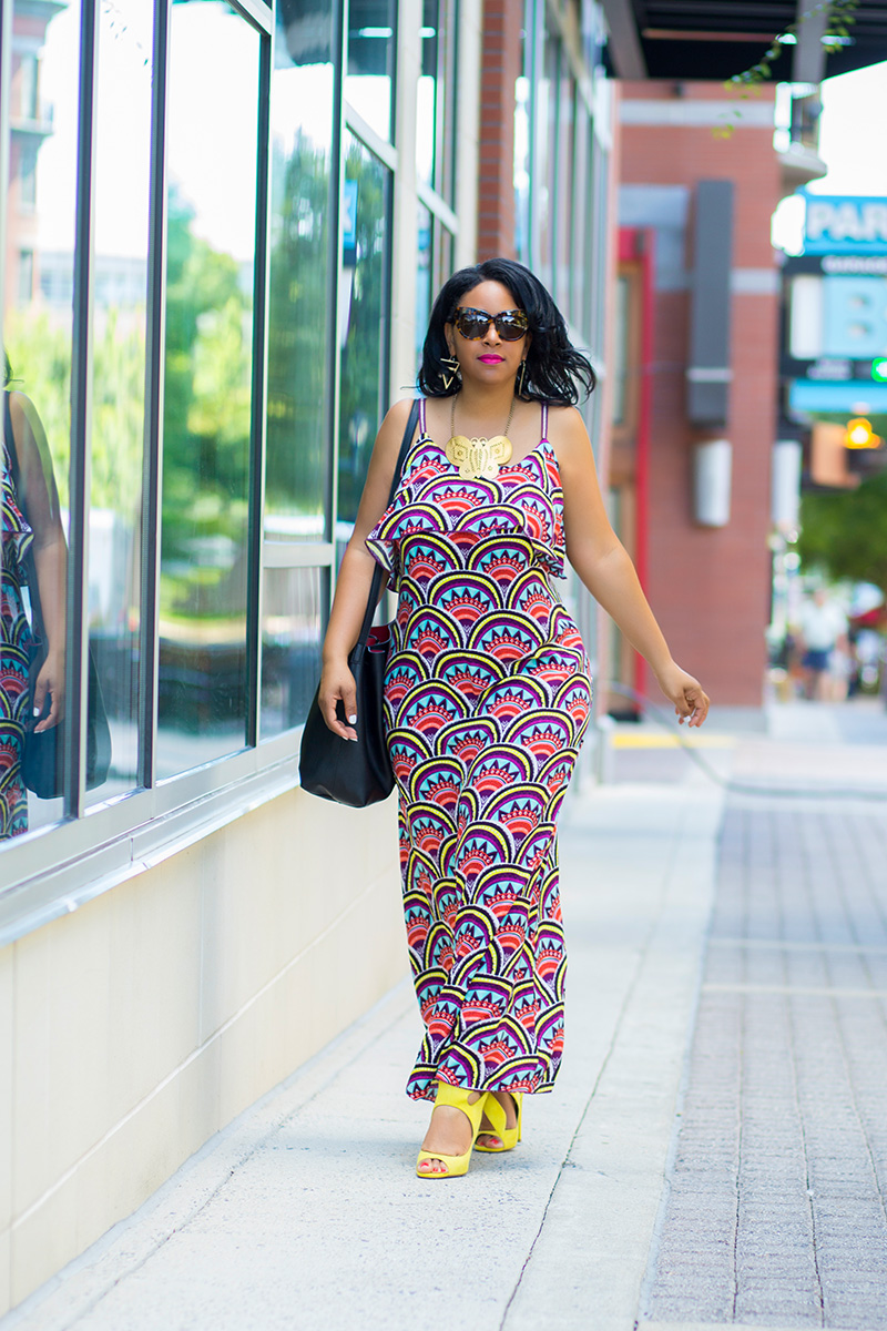What I'm Wearing: Target Xhilaration High Low Hanky Maxi Dress, Kenneth Jay Lane Goldtone Butterfly Necklace, Zara Leather High-Heeled Cage Sandals with Bow, House of Harlow 1960 Women's Chelsea Sunglasses, Forever 21 Bucket bag, H&M Triangle Earrings