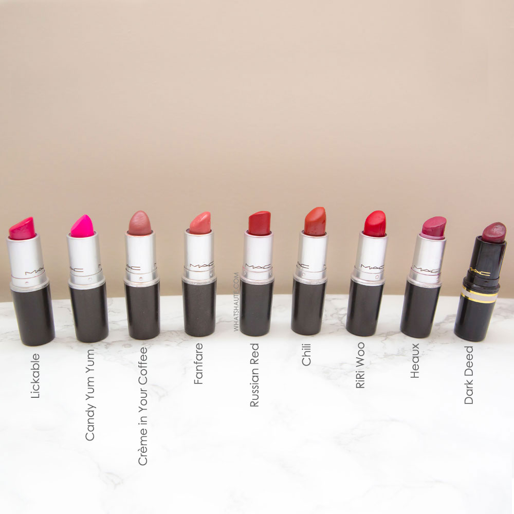 9 Must-have MAC lipsticks: Heaux, RiRi Woo, Lickable, Fanfare, Crème in Your Coffee, Chili, Candy Yum Yum, Dark Deed, Russian Red