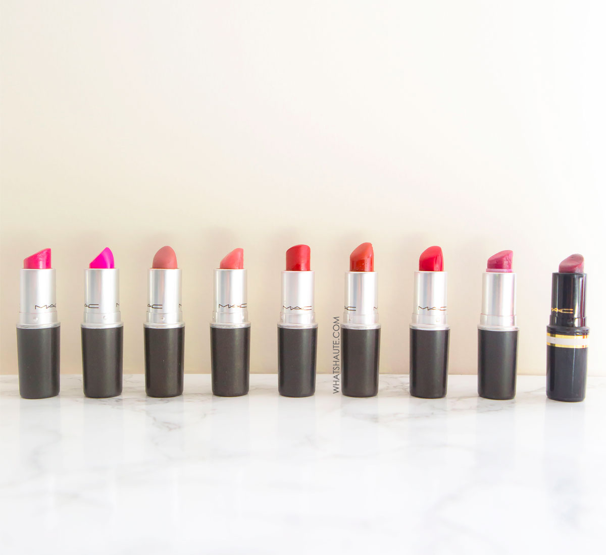 9 Must-have MAC lipsticks: Heaux, RiRi Woo, Lickable, Fanfare, Crème in Your Coffee, Chili, Candy Yum Yum, Dark Deed, Russian Red