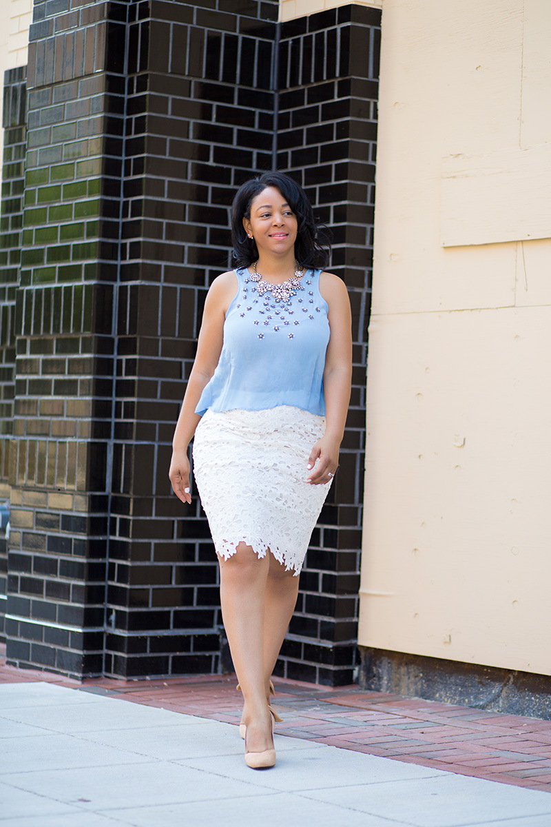 Transitional Dressing - What I'm Wearing: J.Crew Flower lattice necklace, Chelsea28 Embellished Shell Top, LOFT Lace Pencil Skirt, Carven Bow-back suede slingbacks, Giambattista Valli for MAC Lipstick in Margherita, Revlon Colorburst Lipgloss in Peony