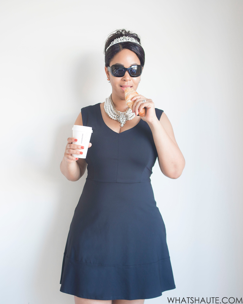 Audrey Hepburn / Holly Golightly - Quick and Easy Halloween costume, Little Black Dress, Black sunglasses, Coffee and croissant, What's Haute
