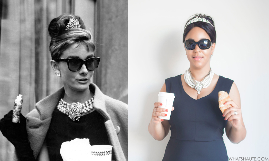 Breakfast at Tiffany's, Audrey Hepburn / Holly Golightly - Quick and Easy Halloween costume, Little Black Dress, Black sunglasses, Coffee and croissant, What's Haute