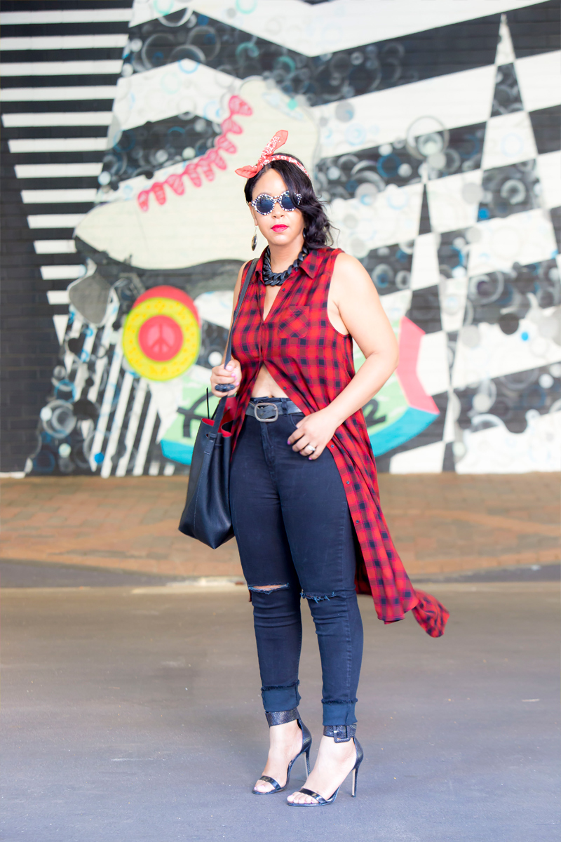What I'm Wearing: 12 Ways to Wear Denim: Ripped Knee Jeans - MAC RiRi Woo lipstick, Bandana, Mossimo Supply Co. Sleeveless Plaid Duster, Ripped Knee Jeans, GUESS Odeum Ankle Strap Sandals, Black and White Print Sunglasses, Drawstring bucket bag, Matte Black Link Necklace