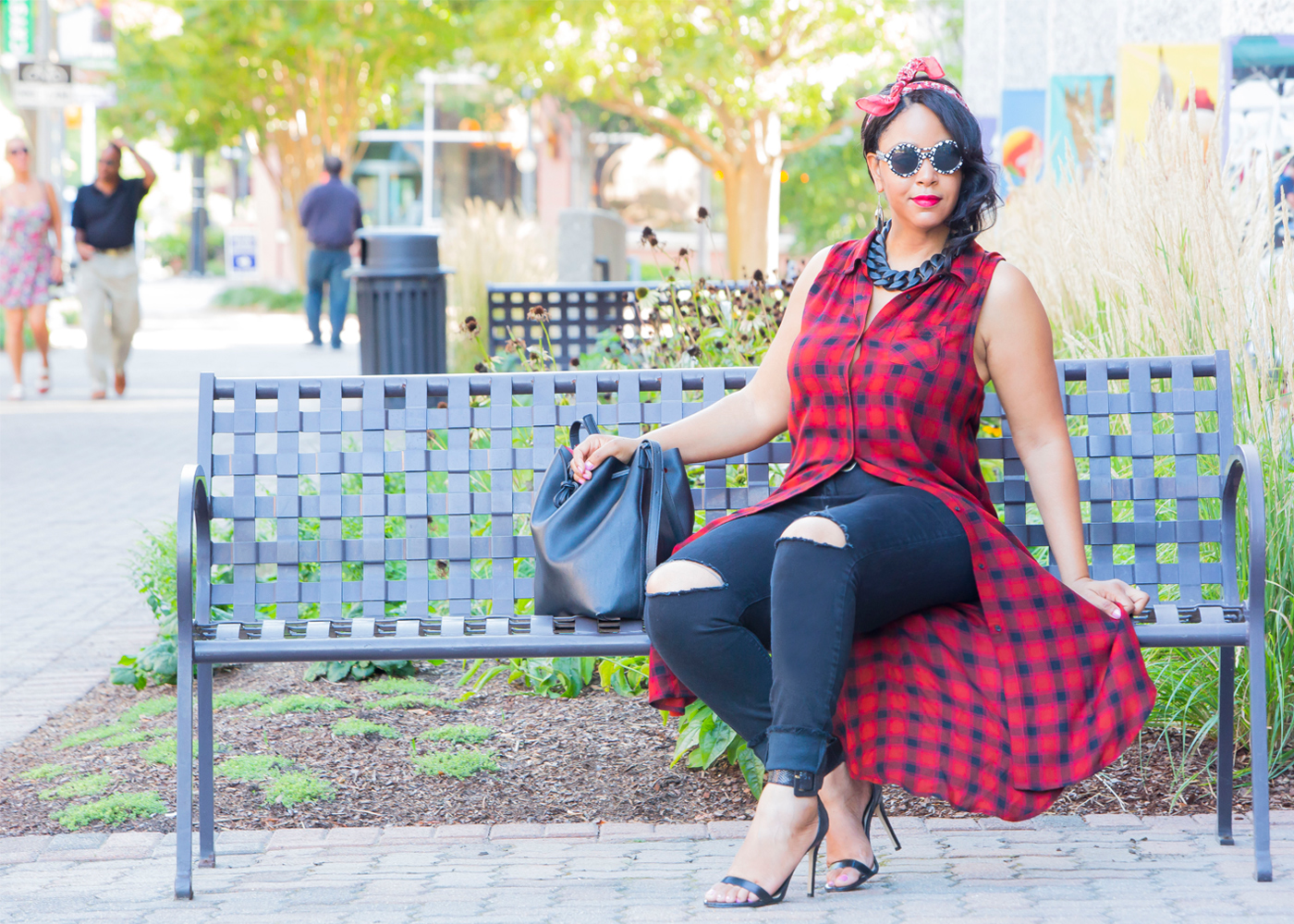What I'm Wearing: 12 Ways to Wear Denim: Ripped Knee denim - MAC RiRi Woo lipstick, Bandana, Mossimo Supply Co. Sleeveless Plaid Duster, Ripped Knee Jeans, GUESS Odeum Ankle Strap Sandals, Black and White Print Sunglasses, Drawstring bucket bag, Matte Black Link Necklace