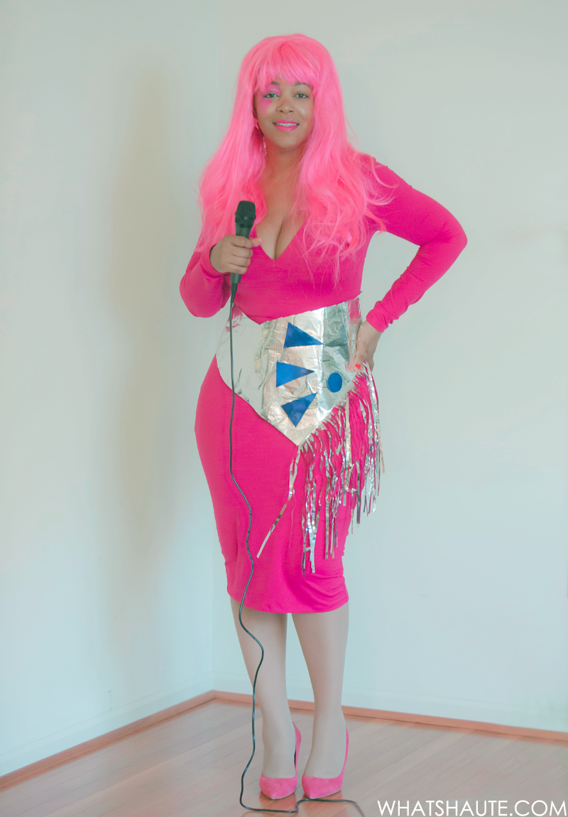Jem: Leith Long Sleeve V-Neck Body-Con Dress, Target Women's Electric Diva Pink Wig, Topshop 'Golden' Pointy Toe Suede Pump, MAC Limited Edition Giambattista Valli Collection Lipstick - Tats, Pink Face Paint, Silver fringe belt, Microphone, DIY costume, Hot pink