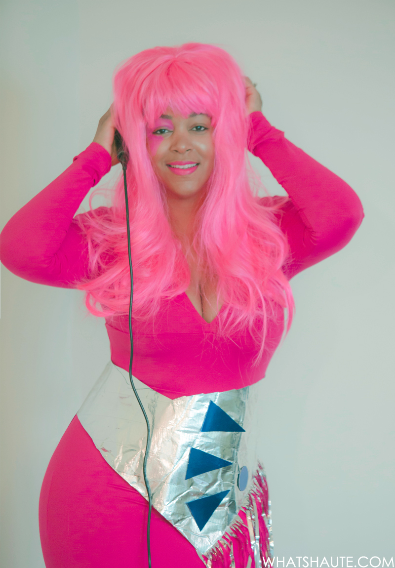 Jem: Leith Long Sleeve V-Neck Body-Con Dress, Target Women's Electric Diva Pink Wig, Topshop 'Golden' Pointy Toe Suede Pump, MAC Limited Edition Giambattista Valli Collection Lipstick - Tats, Pink Face Paint, Silver fringe belt, Microphone, DIY costume, Hot pink