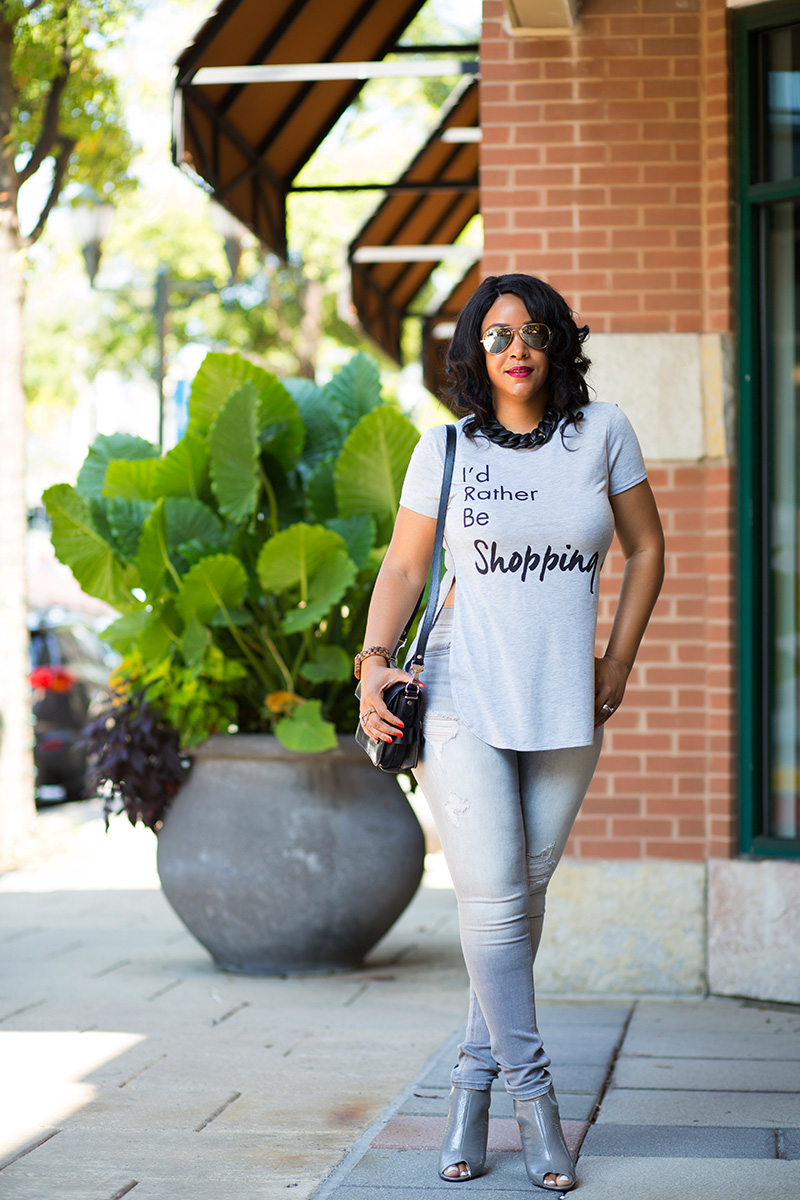12 Ways to Wear Denim: Jean Leggings, Jeggings, H&M Black Chunky Chain Necklace, "I'd Rather Be Shopping" Graphic Tee (via TJ Maxx), Proenza Schouler PS11 Mini Shoulder Bag, Express High Rise Hip Zip Jean Legging, 7 for All Mankind Neely Peep Toe Bootie, Fall denim, 2015 Fall fashion