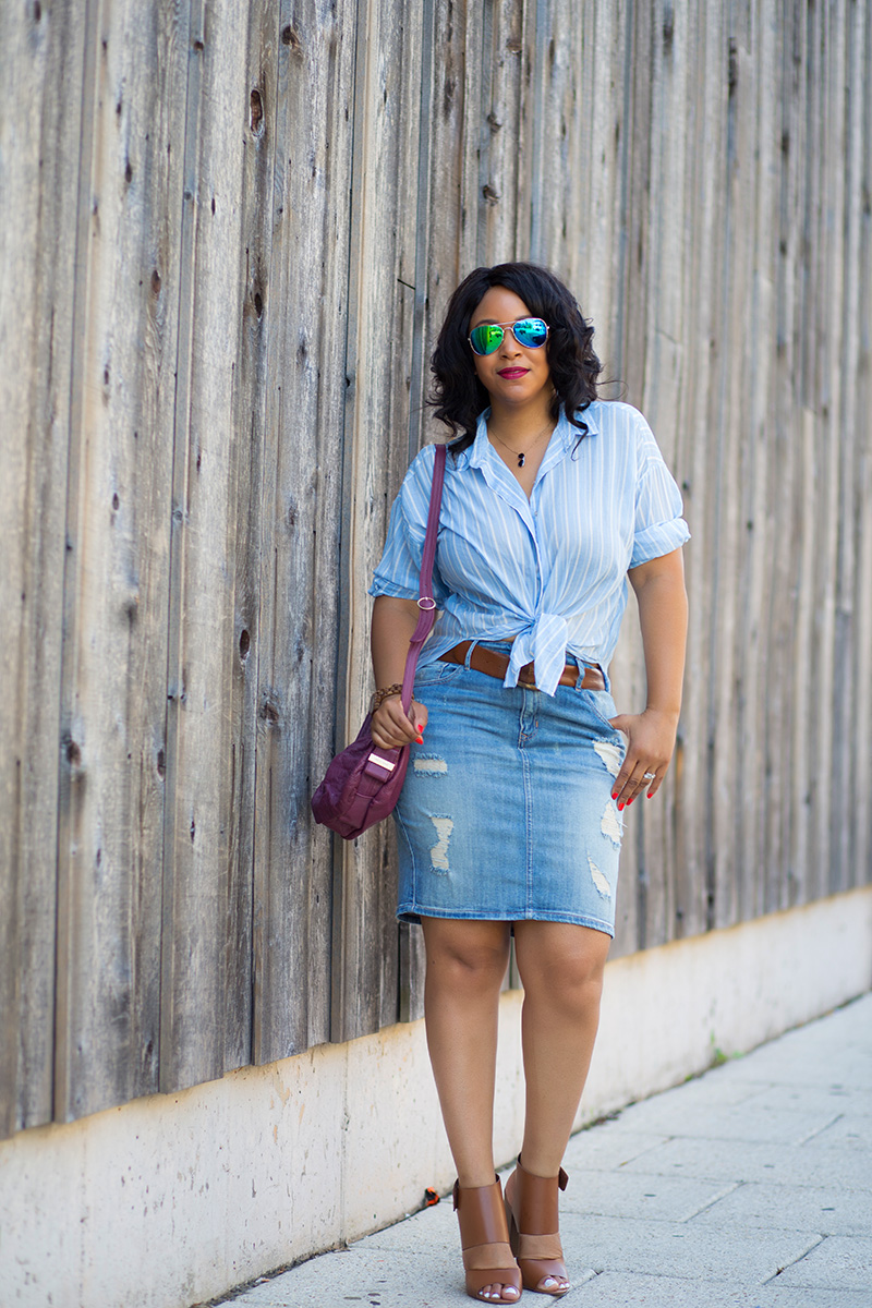 What I'm Wearing: 12 Ways to Wear Denim: Distressed Denim Skirts, Iridescent Aviator Sunglasses, Sunglass Pendant Necklace, Blue & White Striped Chambray Blouse, Distressed High Waist Denim Pencil Skirt, See By Chloé Lifou Perforated Leather Crossbody Bag, Circus by Sam Edelman Nellie Heels