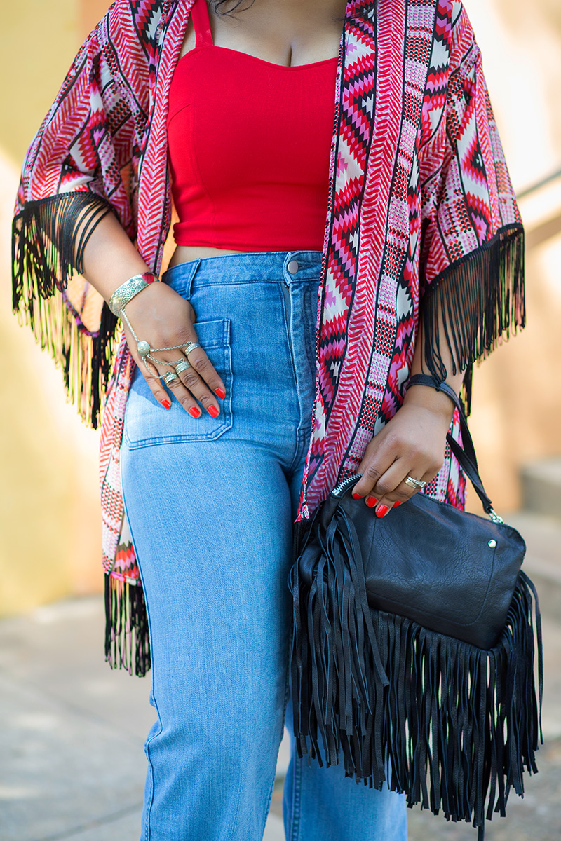 12 Ways to Wear Denim and get the look: Wide-Leg Jeans, 70's style, 70's inspired fashion, Heart-shaped sunglasses, Fringe Kimono, Crop top, H&M High waist Wide-leg Jeans, Corso Como Nani Wedges, Linea Pelle Janis Fringe Leather Clutch, My style