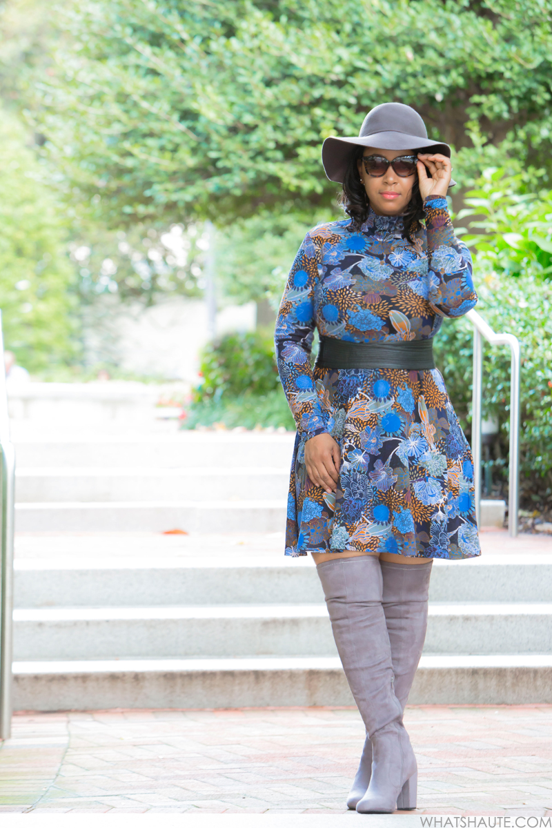 What I'm Wearing: 70's Comeback - Floppy Hat, Isaac Mizrahi New York 52mm Retro Sunglasses, H&M Patterned Jersey Dress, grey Faux Suede Over-the-Knee Boots, The Limited Obi Belt