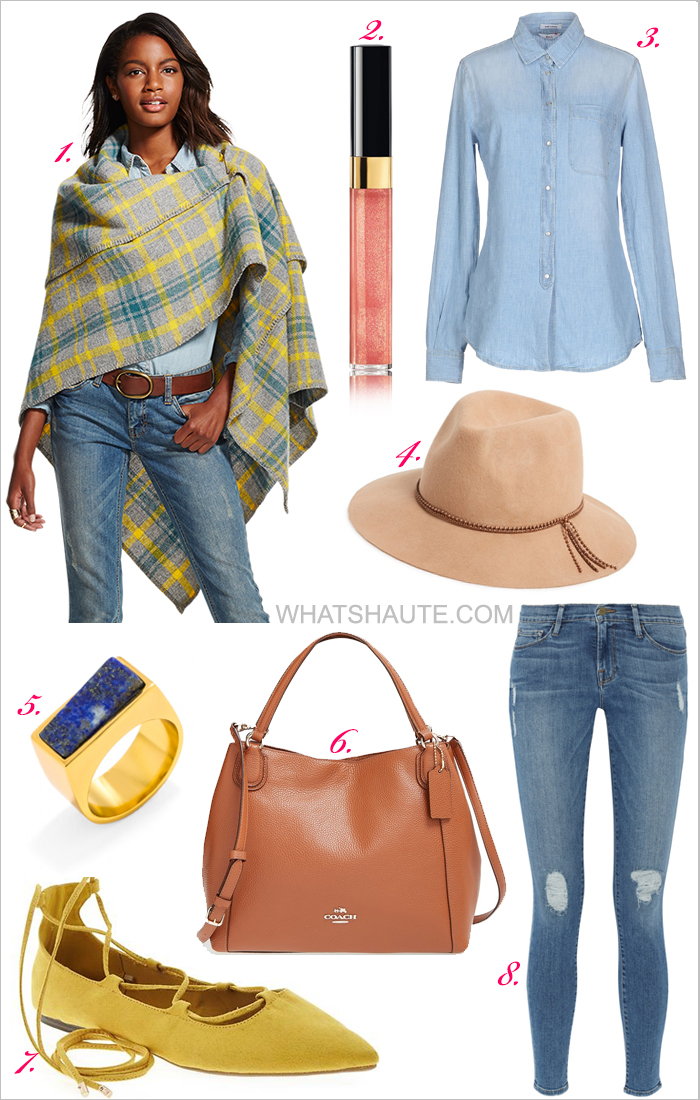 What to Wear This Weekend: Fall Layers - Faribault for Target Plaid Cape - Heather Grey and Yellow, Chanel Lèvres Scintillantes Glossimer Lip Gloss, Twinkle, Cycle Denim shirt, David & Young Floppy Wool Fedora, Lapis Ring, Coach 'Edie 28' Pebbled Leather Shoulder Bag, Sueded Lace-Up Pointed Flats, Frame Denim Le Skinny de Jeanne distressed mid-rise jeans