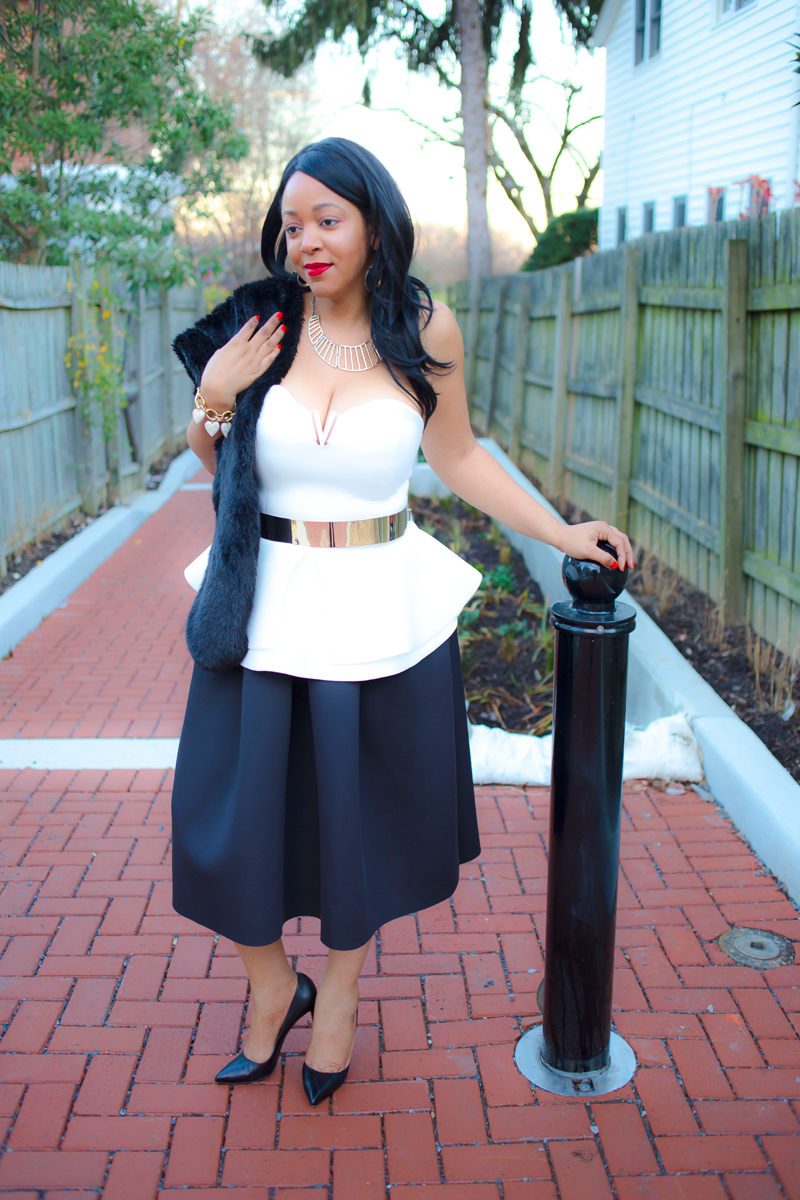 New Year's Eve looks, holiday style, What I'm wearing, Zara Faux Fur Stole, ASOS Bandeau Top With Peplum And V Bar Detail, ASOS Full Metal Waist Belt, Soprano Scuba Full Midi Skirt, Christian Louboutin Pigalle Follies 100 black leather pumps, MAC Riri Woo red lipstick