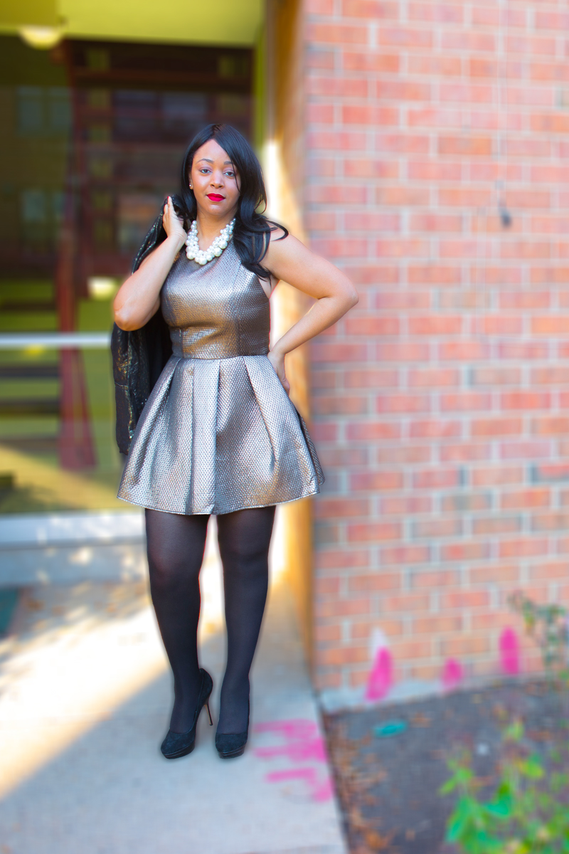 What I'm Wearing + Get the look, Christmas 2015, Holiday dressing: metallic Gold Flared Dress, Target Twisted Pearl Cluster Necklace, W118 by Walter Baker Gold Brocade Blazer, Hue tights, Charles David Suede Platform Pumps, Riri Woo lipstick