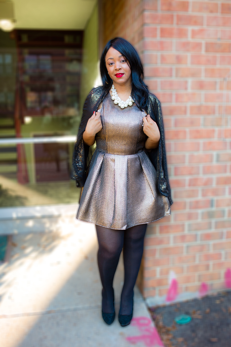 What I'm Wearing + Get the look, Christmas 2015, Holiday dressing: metallic Gold Flared Dress, Target Twisted Pearl Cluster Necklace, W118 by Walter Baker Gold Brocade Blazer, Hue tights, Charles David Suede Platform Pumps, Riri Woo lipstick