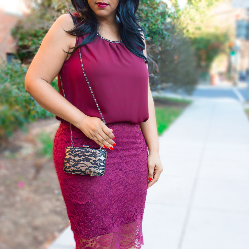 What to Wear to an Office Holiday Party - What I'm Wearing: Mossimo Women's Tank Top Red, Mossimo Women's Lace Pencil Skirt, Nine West Party Lace Box Clutch, Christian Louboutin Pigalle Follies 100 black leather pumps, holiday style